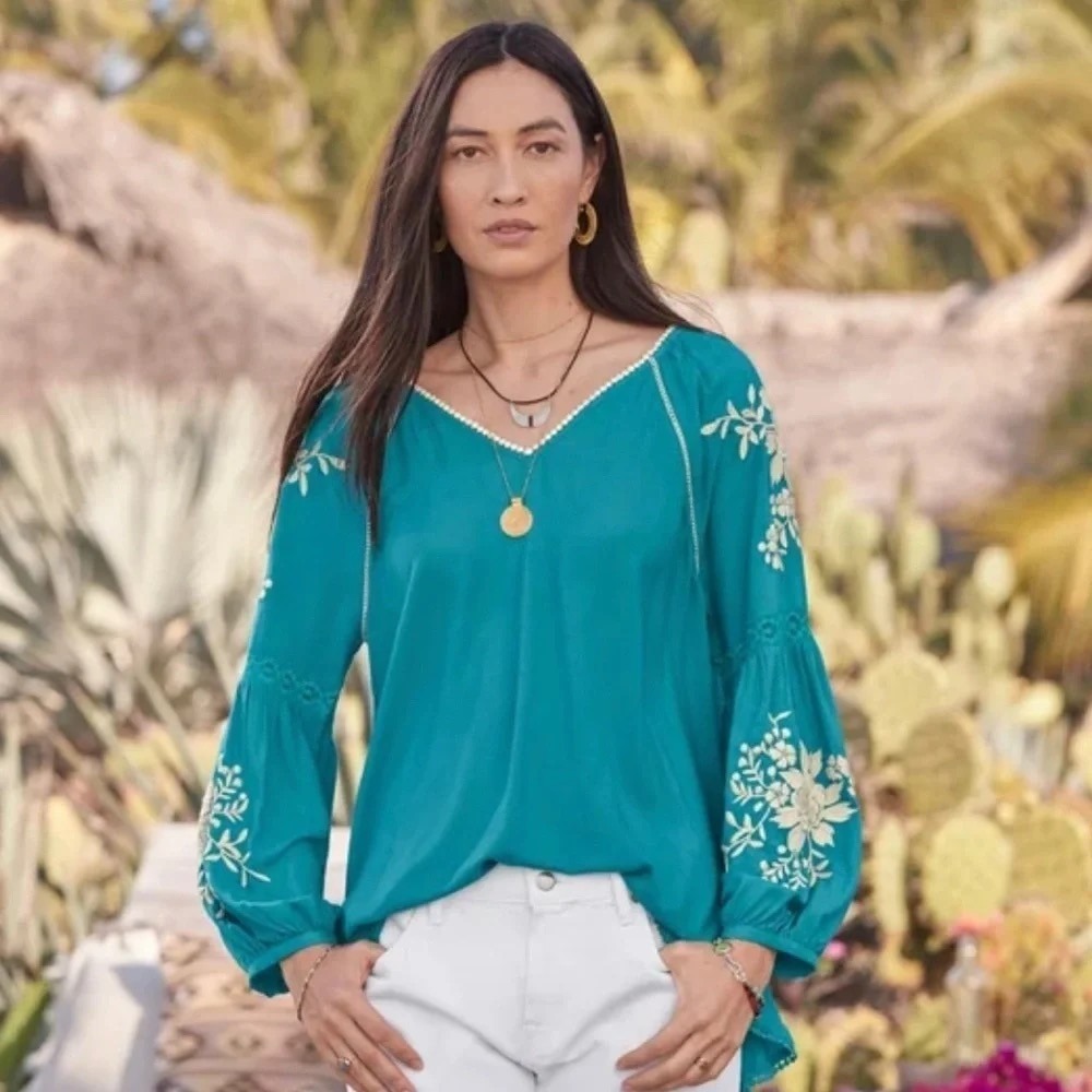 SUNDANCE Naomi Isles Floral Embroidered Boho Blouse Peasant Blouse Large Petite